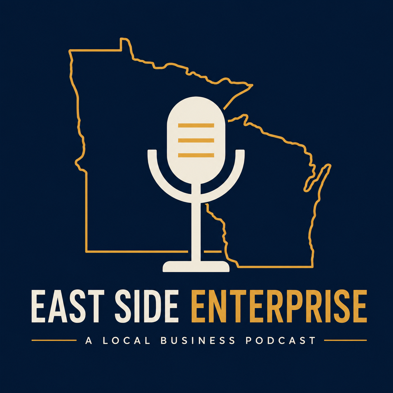 East Side Enterprise podcast cover art: a studio microphone over the combined Minnesota and Wisconsin state outline