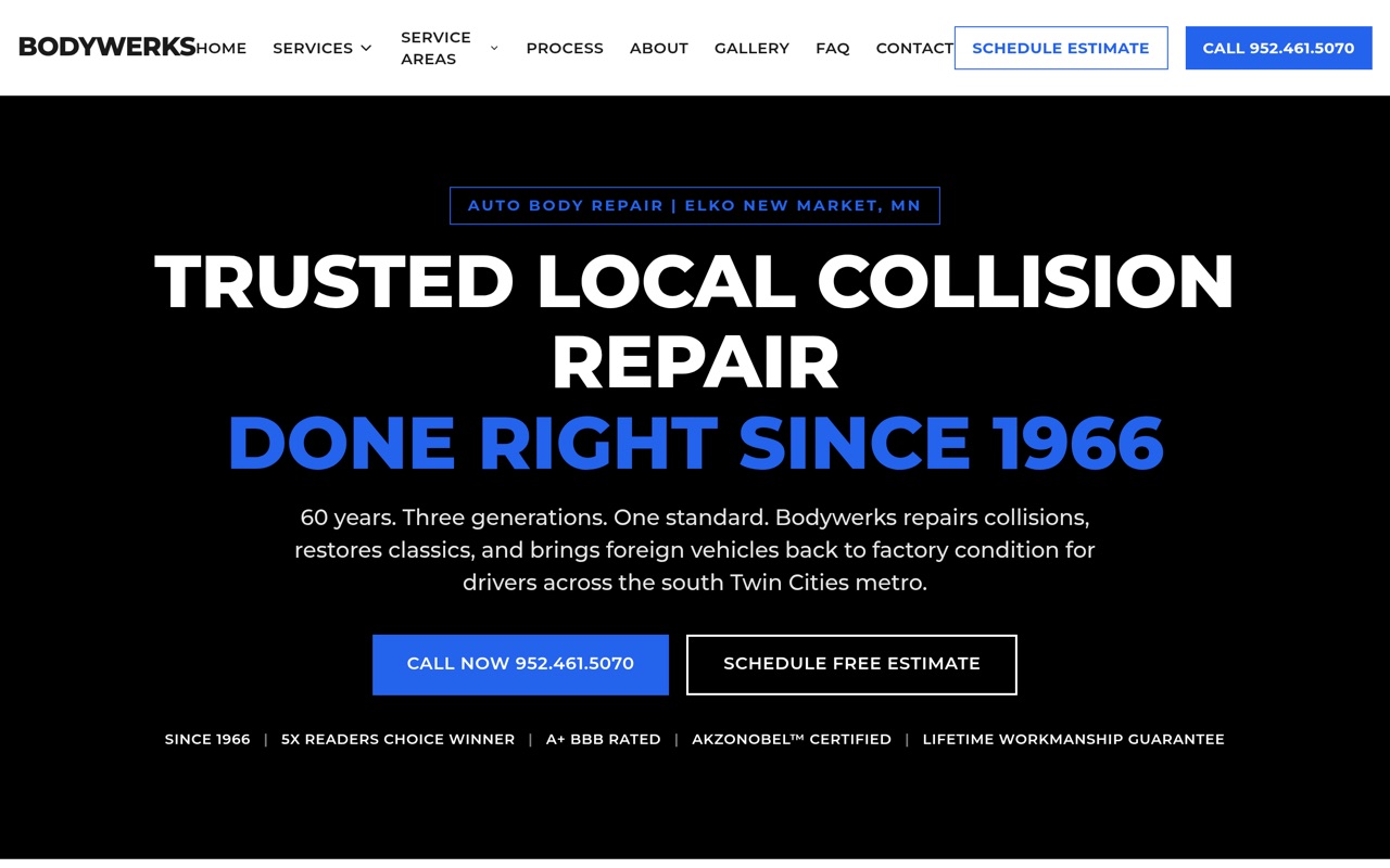 Website homepage for Bodywerks Auto Body Repair, Collision repair, custom paint, and classic restoration in the south metro since 1966