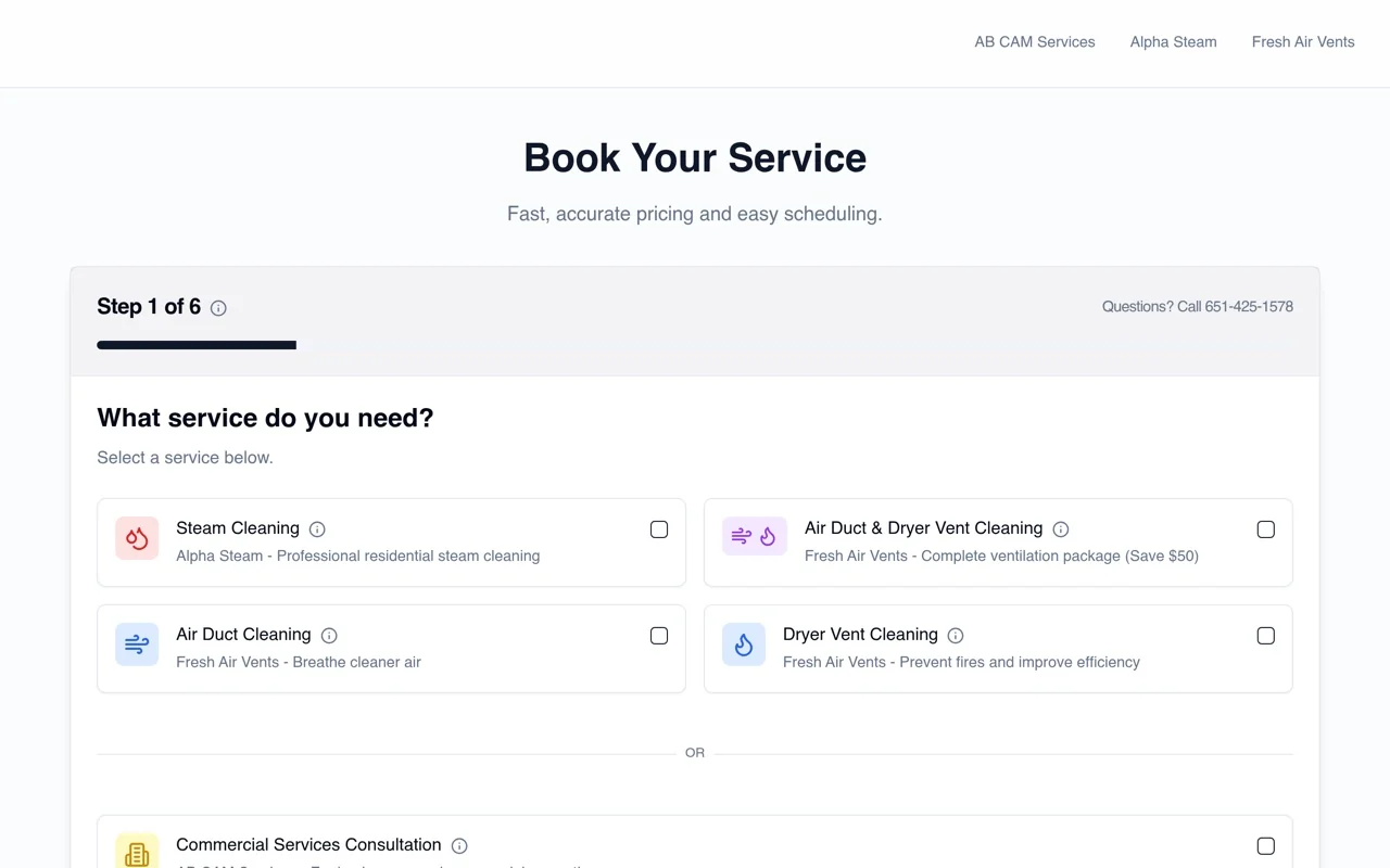 AB CAM Services Online Booking Tool: A six-step booking flow that lets customers select services and schedule across multiple service brands in one place.