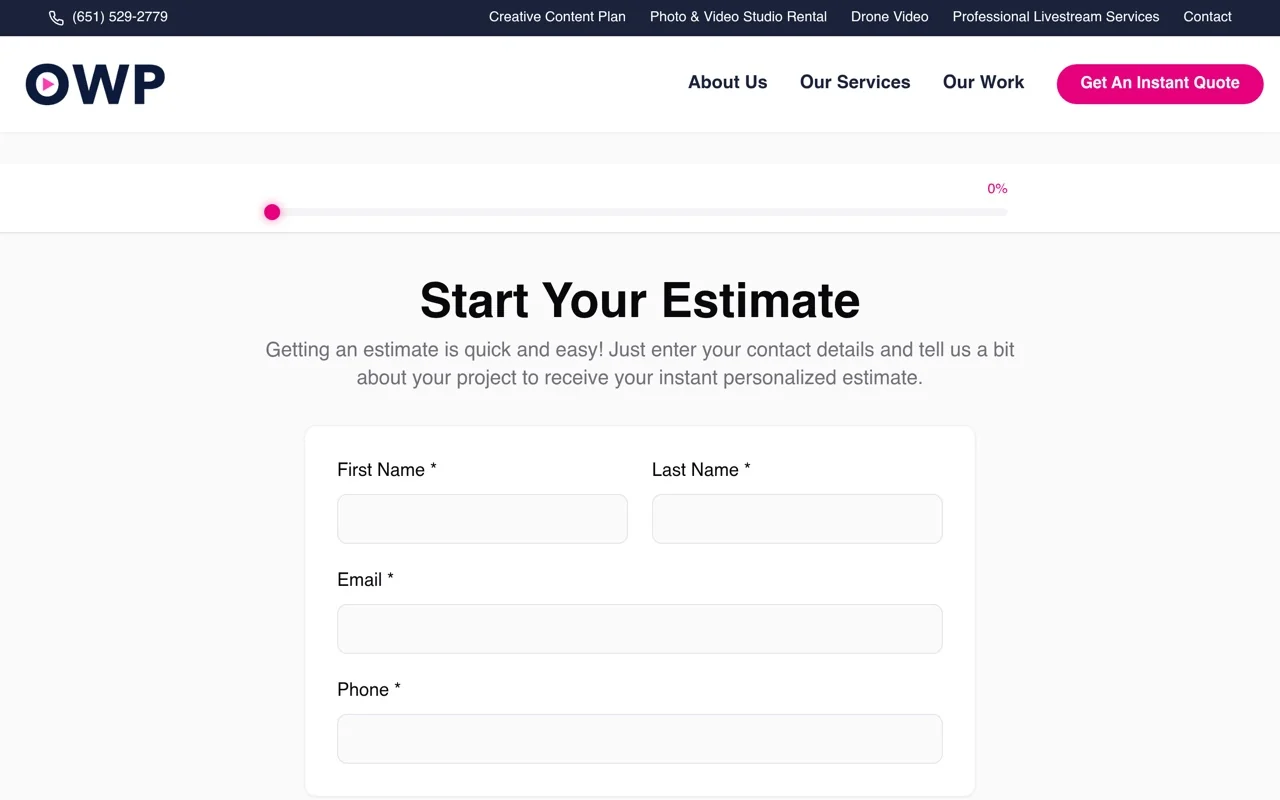 Open Window Productions Instant Quote Tool: A guided, multi-step estimator that turns video production inquiries into instant personalized quotes.